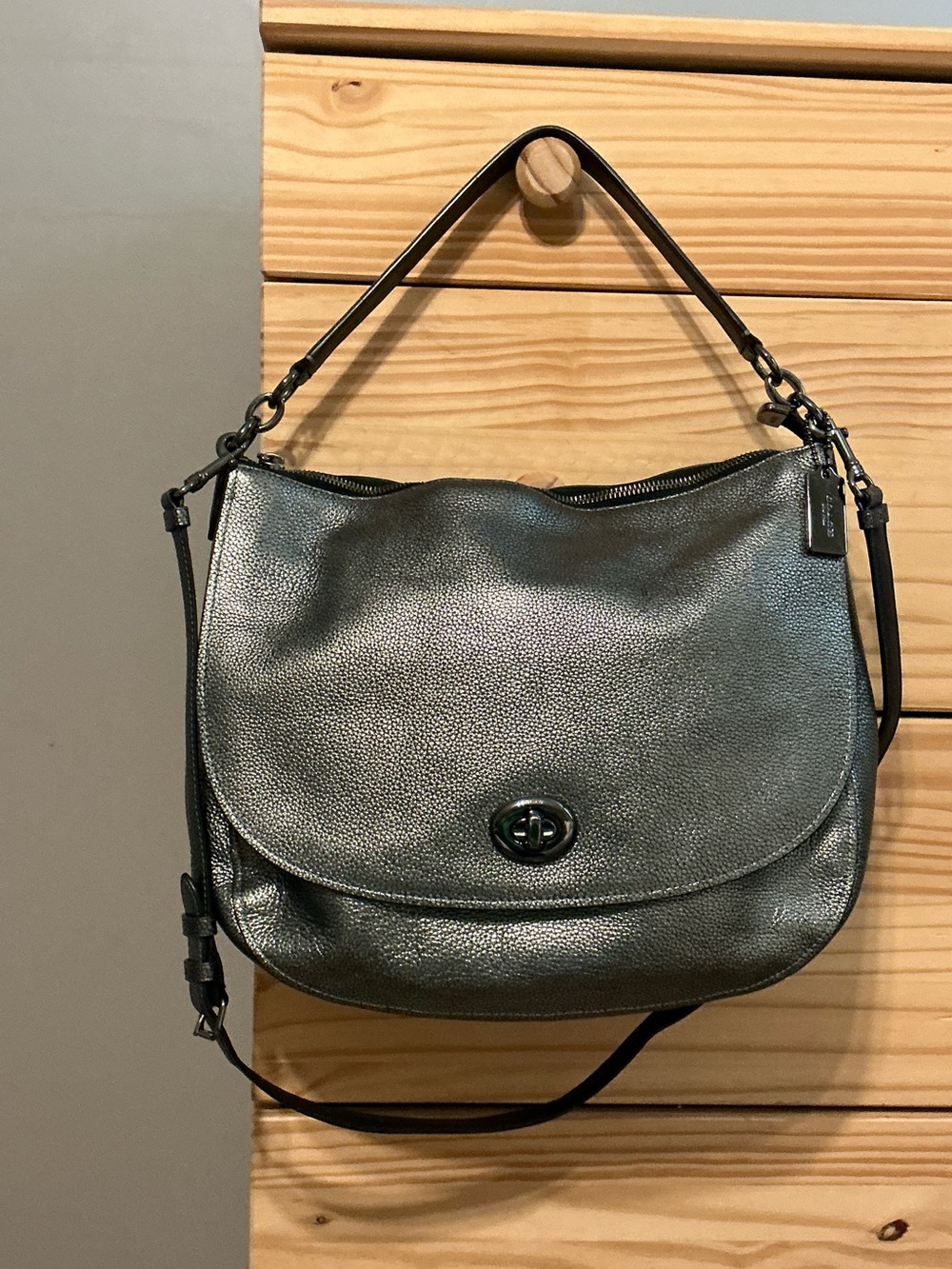 Coach Turnlock Gunmetal Metallic Hobo Crossbody Bag